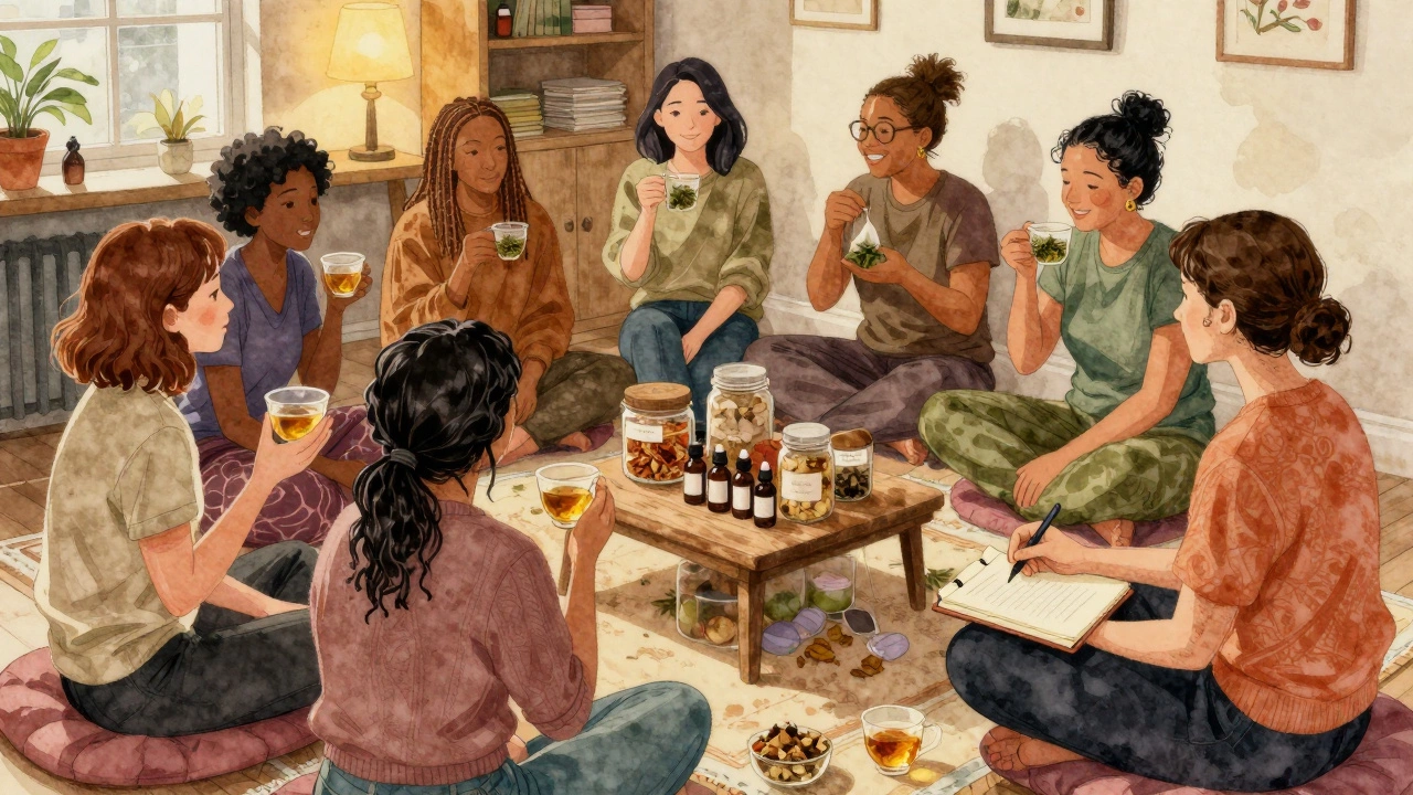 A group of sex workers sharing herbal teas and stories in a warm, supportive community setting.