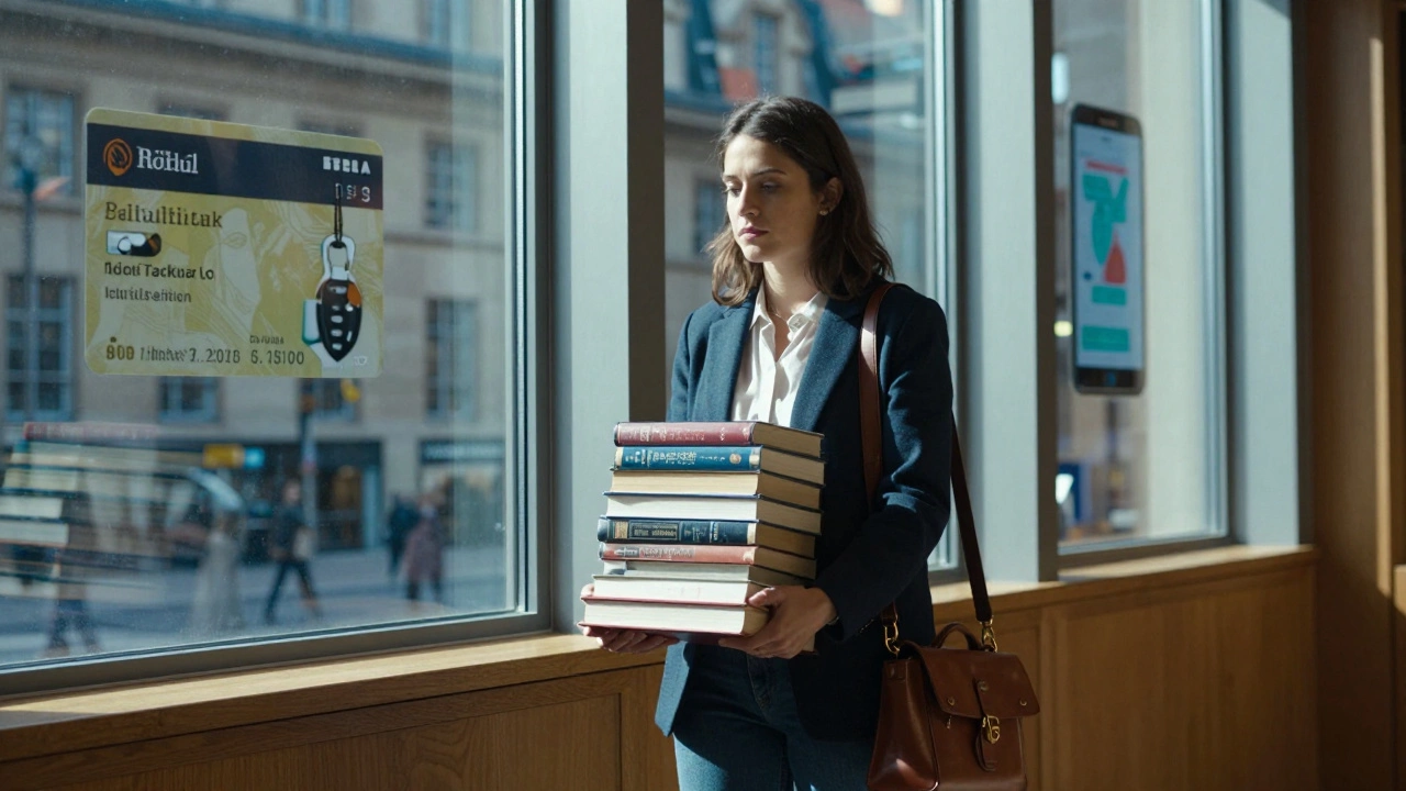 A woman walks through a library at Sorbonne, holding books, sunlight streaming in as symbols of her dual life subtly appear.