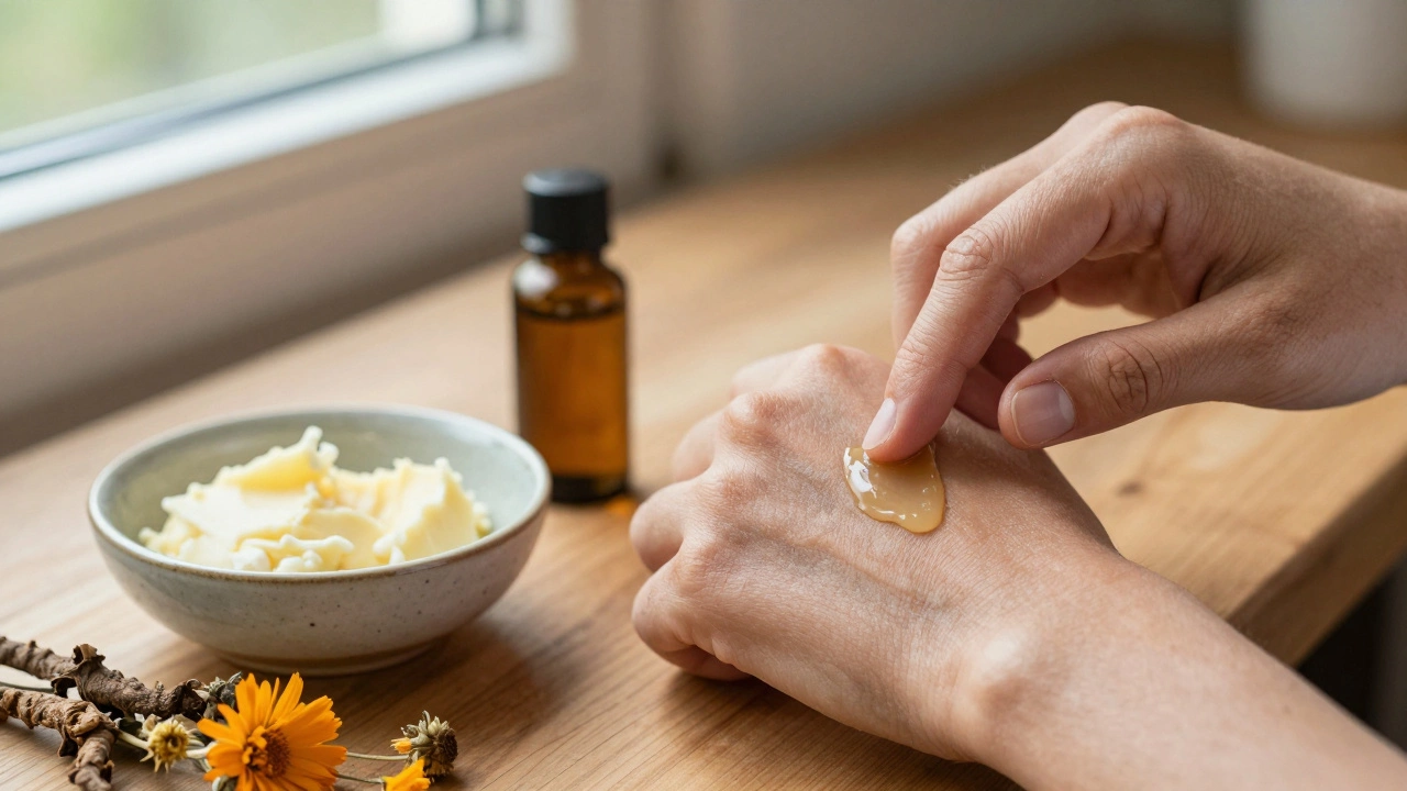 Hands applying a herbal balm made of shea butter, tea tree, and lavender oil to dry skin.
