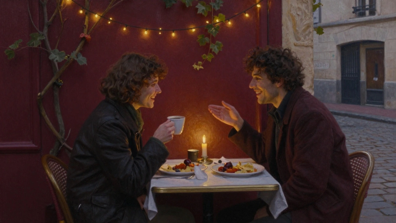 Two people share a quiet dinner in Montmartre, candlelight illuminating their gentle conversation at a bistro table.